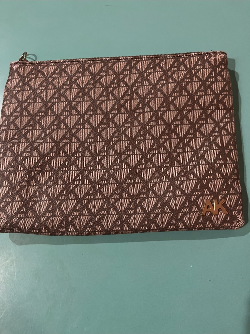 Anne Klein AK Logo Zip Cosmetic Bag Travel Pouch Taupe Brown Geometric Print